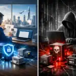 A split scene showing a businessman and a hacker with contrasting themes.