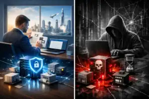 A split scene showing a businessman and a hacker with contrasting themes.