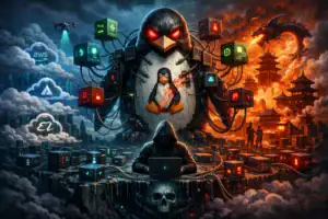 Dark scene of a hacker at a computer, surrounded by tech and a giant penguin figure.