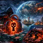 Hooded figure manipulating a glowing lock with a skull in a dystopian scene.