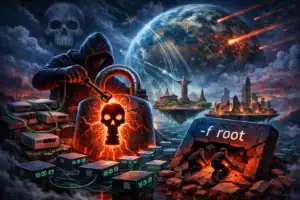 Hooded figure manipulating a glowing lock with a skull in a dystopian scene.