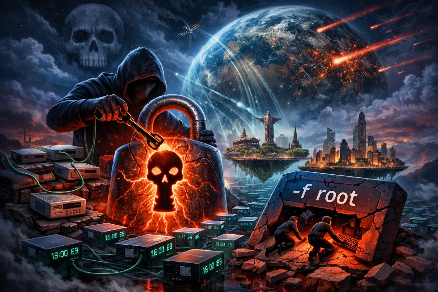 Hacker bricht ein mit einem leuchtenden Schloss in einer dystopischen Szenerie ein.