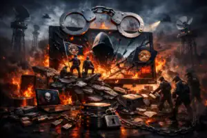 Воїни у тактичному одязі стоять на уламках, оточені вогнем та димом.