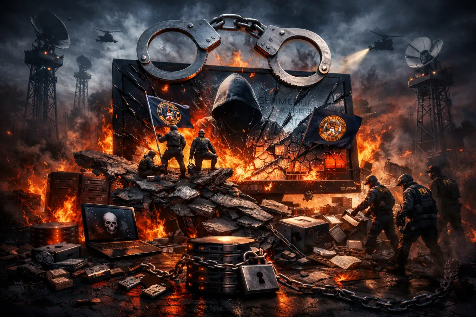 Dramatische Szene mit Handfesseln, Soldaten und brennendem Hintergrund.