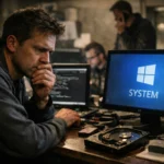 Мужчина в темном свитере размышляет над компьютером с кодом.