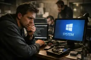 ** Pensive man in a hoodie contemplating over computer screens in a dim workspace.