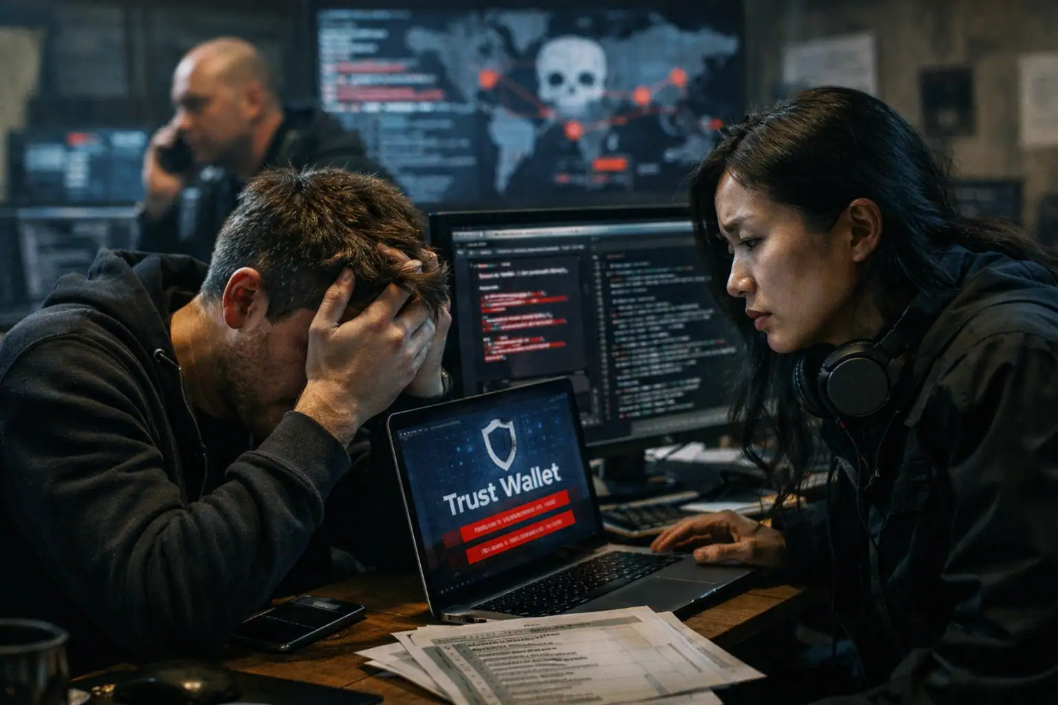 Two stressed individuals at a computer table, surrounded by screens displaying data.