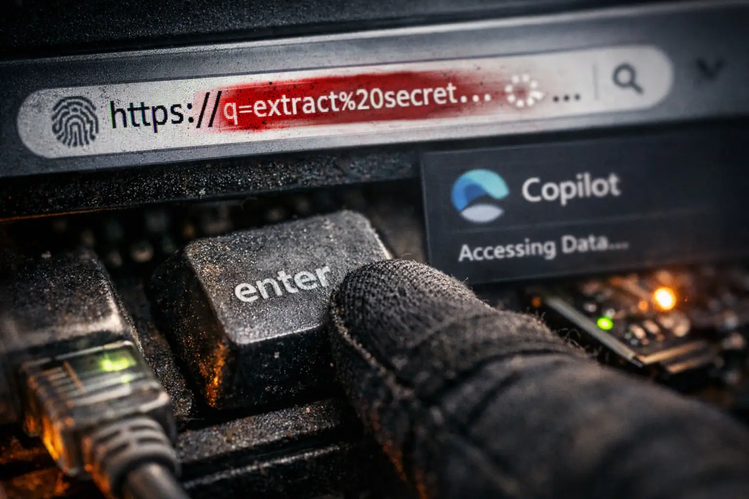 Close-up of a gloved hand pressing the enter key on a keyboard.