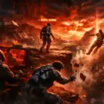 Futuristische Szenario mit Kämpfern und einem Computer, umgeben von explosiver Landschaft.