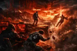 Futuristic battlefield scene with soldiers and a player interacting in a virtual setting.