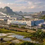 Scenic view of a landscape featuring rice fields and a manufacturing facility.