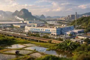 Scenic view of a landscape featuring rice fields and a manufacturing facility.
