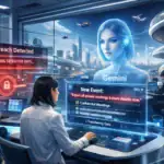 Futuristic scene depicting a woman monitoring a data breach in a high-tech control room.