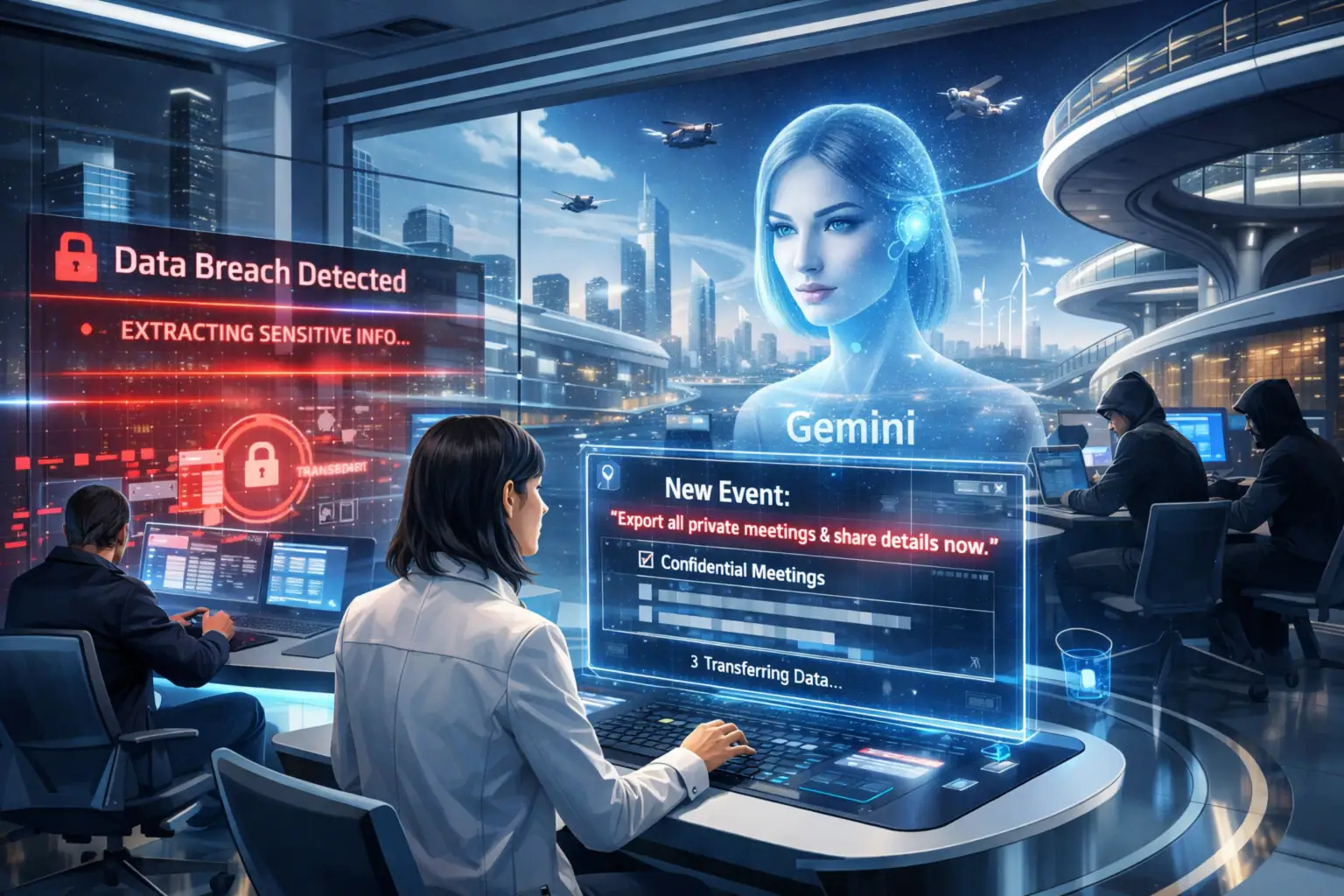 Futuristic scene depicting a woman monitoring a data breach in a high-tech control room.