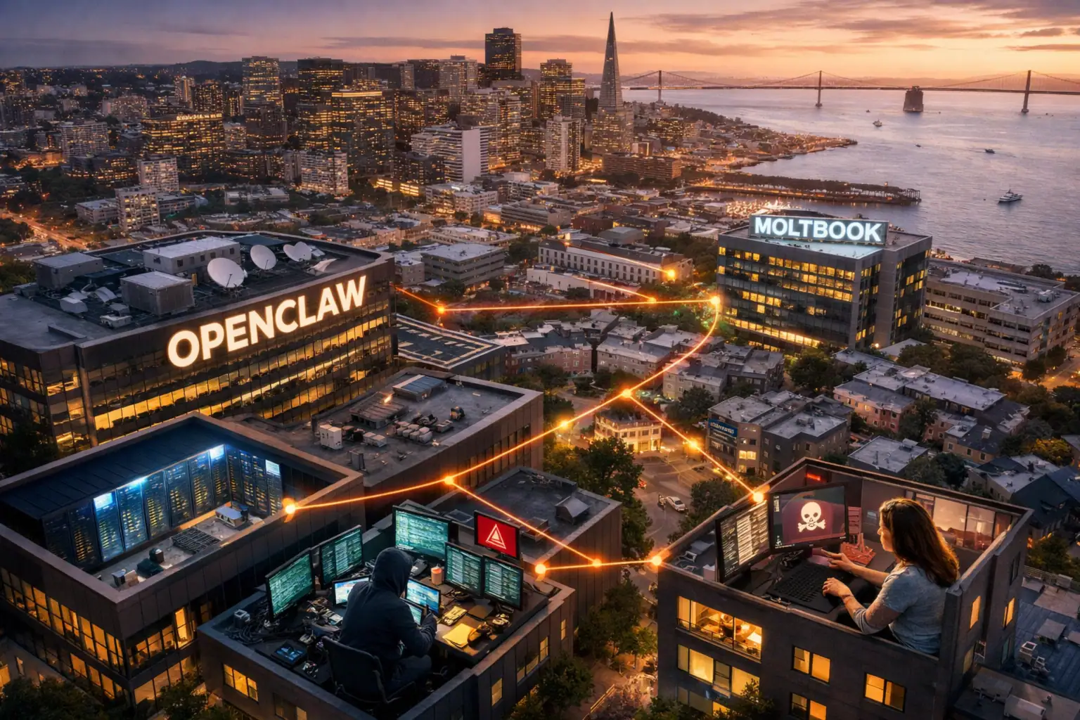 Zwei Gebäude mit hochmodernen Arbeitsplätzen und Stadtansicht bei Sonnenuntergang.