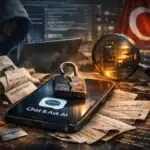 A locked phone on a cluttered desk with notes and a looming figure in the background.