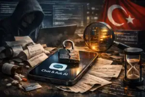 A locked phone on a cluttered desk with notes and a looming figure in the background.