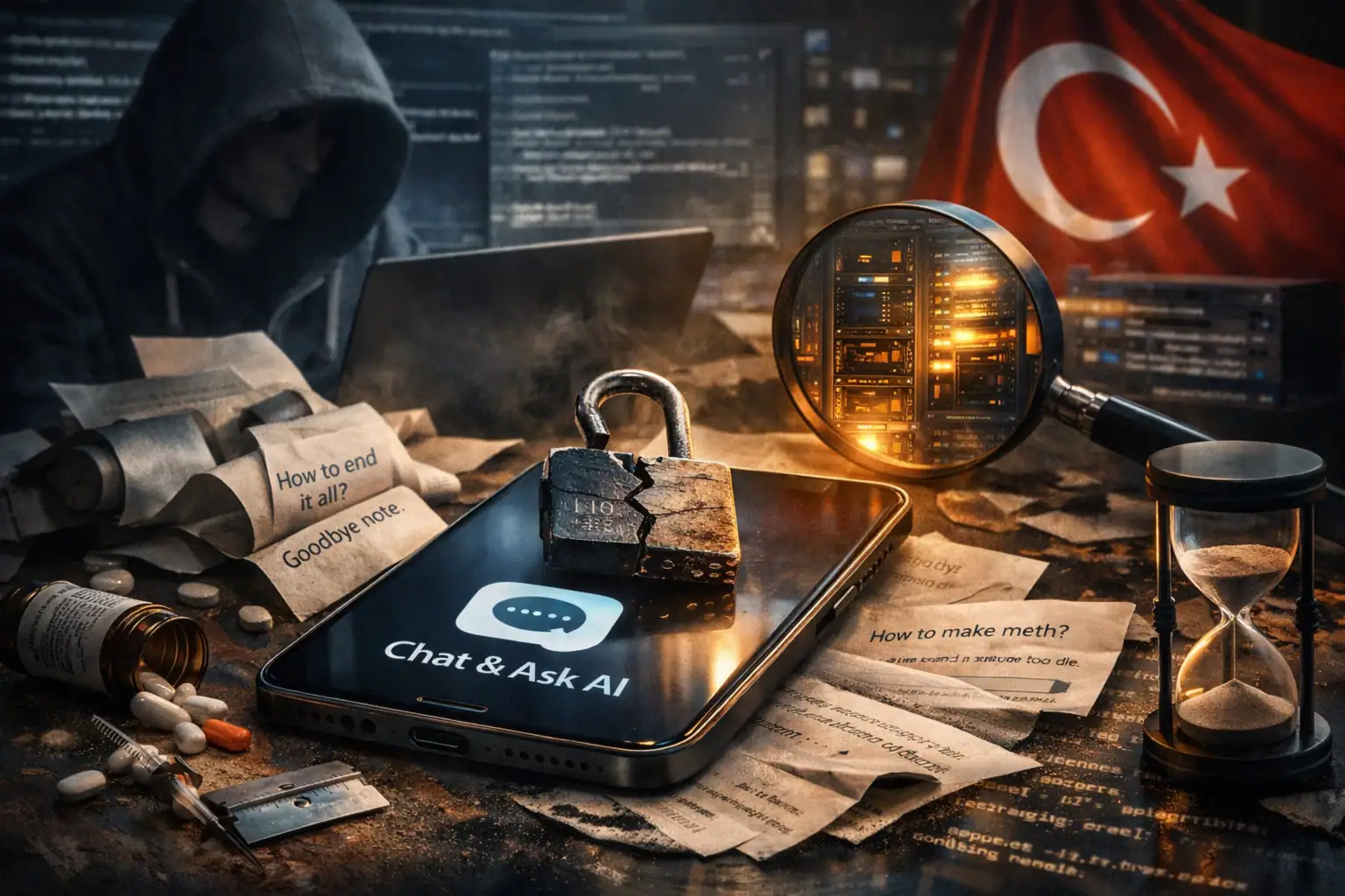 Smartphone mit Sicherheitsverschluss, umgeben von Unterlagen und einem Laptop.