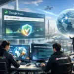 Two professionals monitor cybersecurity data in a futuristic office with a city view.