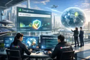 Two professionals monitor cybersecurity data in a futuristic office with a city view.