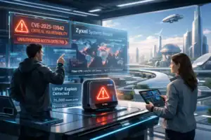 Personen analysieren Sicherheitswarnungen in futuristischer Umgebung.