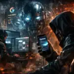 Futuristische Szene mit einem Hacker, einem überdimensionalen Roboter und einem Drachen.