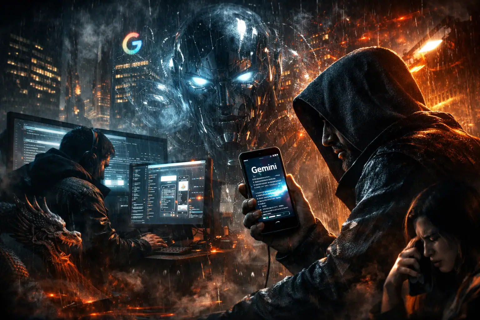 Чоловік із смартфоном у темному міському середовищі зі світлом комп'ютера.