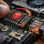 Close-up of a circuit board with a lit skull chip and a finger touching it.