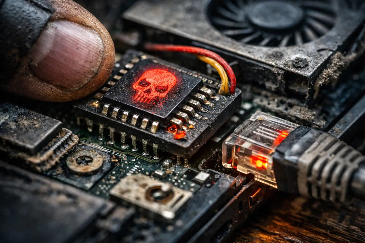 Hand, die einen Chip mit rotem Totenkopf-Symbol auf Motherboard berührt.