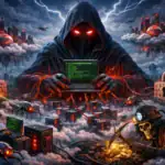 Dark figure with glowing eyes keyboards amidst a cyberpunk landscape of chaos.