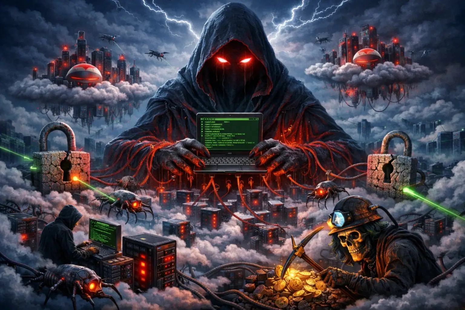 Mysteriöser Schatten mit Laptop in einer digitalen Welt voller Bedrohungen.