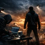 Two figures in a dystopian setting, one hacking while the other surveys the skyline at sunset.