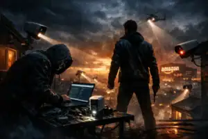 Two figures in a dystopian setting, one hacking while the other surveys the skyline at sunset.