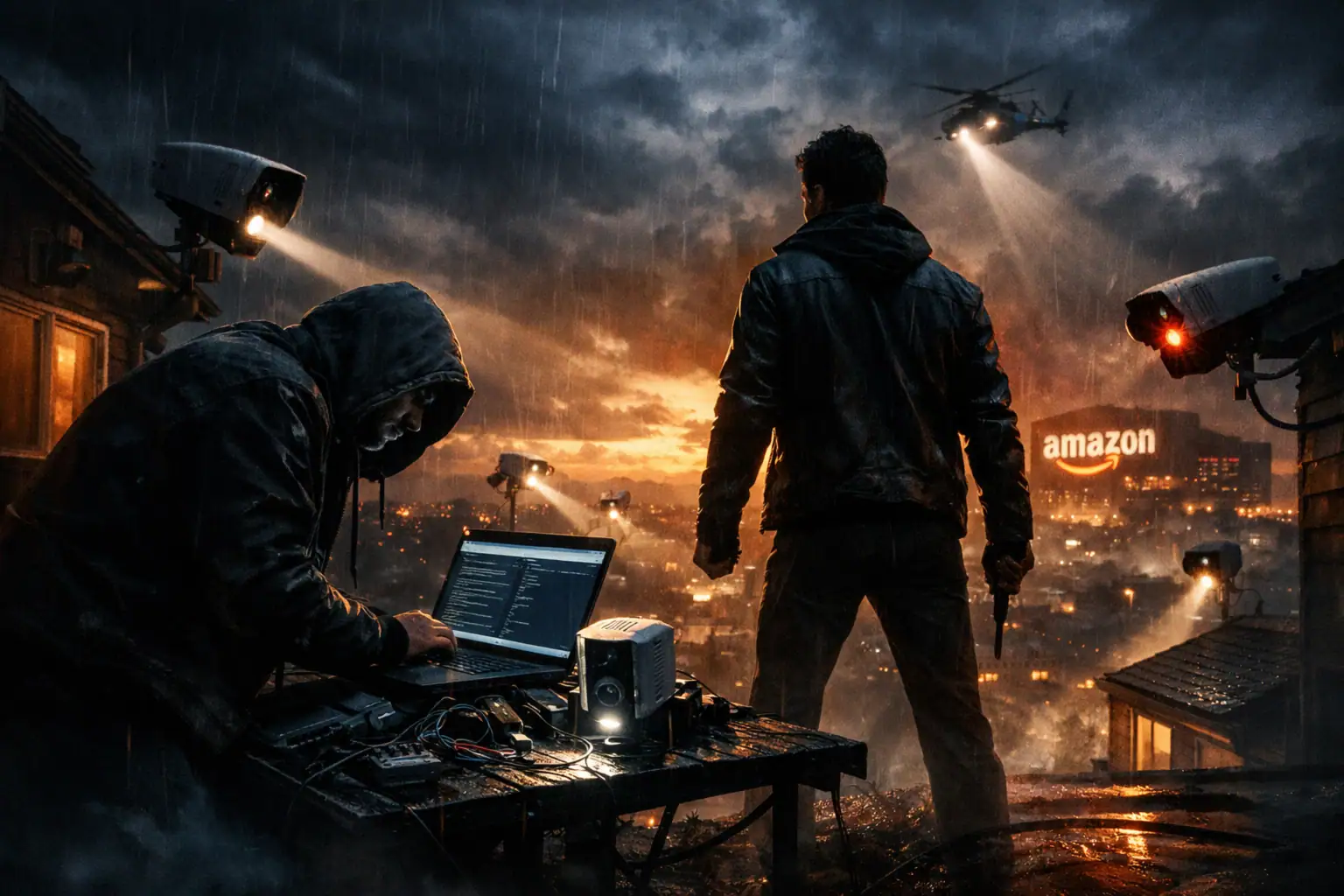 Zwei Personen in einer futuristischen Stadt bei Regen, einer am Laptop, der andere bewaffnet.