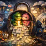 ** Dos peluches brillan dentro de un candado, rodeados de documentos y tecnología.