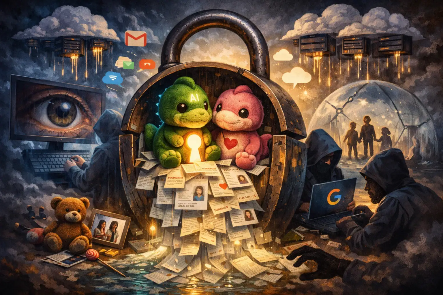 ** Dos peluches brillan dentro de un candado, rodeados de documentos y tecnología.