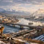 Tiger betrachtet Stadtlandschaft am Fluss mit Bergen im Hintergrund.