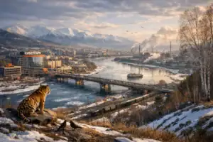 Siberian tiger watches over a snowy landscape and river in a city setting.