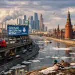 ** Ducks on riverbank with urban skyline and historic buildings in the background.