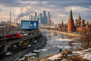 ** Ducks on riverbank with urban skyline and historic buildings in the background.