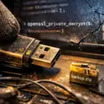 USB drive and storage device labeled "backup.zip" on a worn laptop with code on screen.