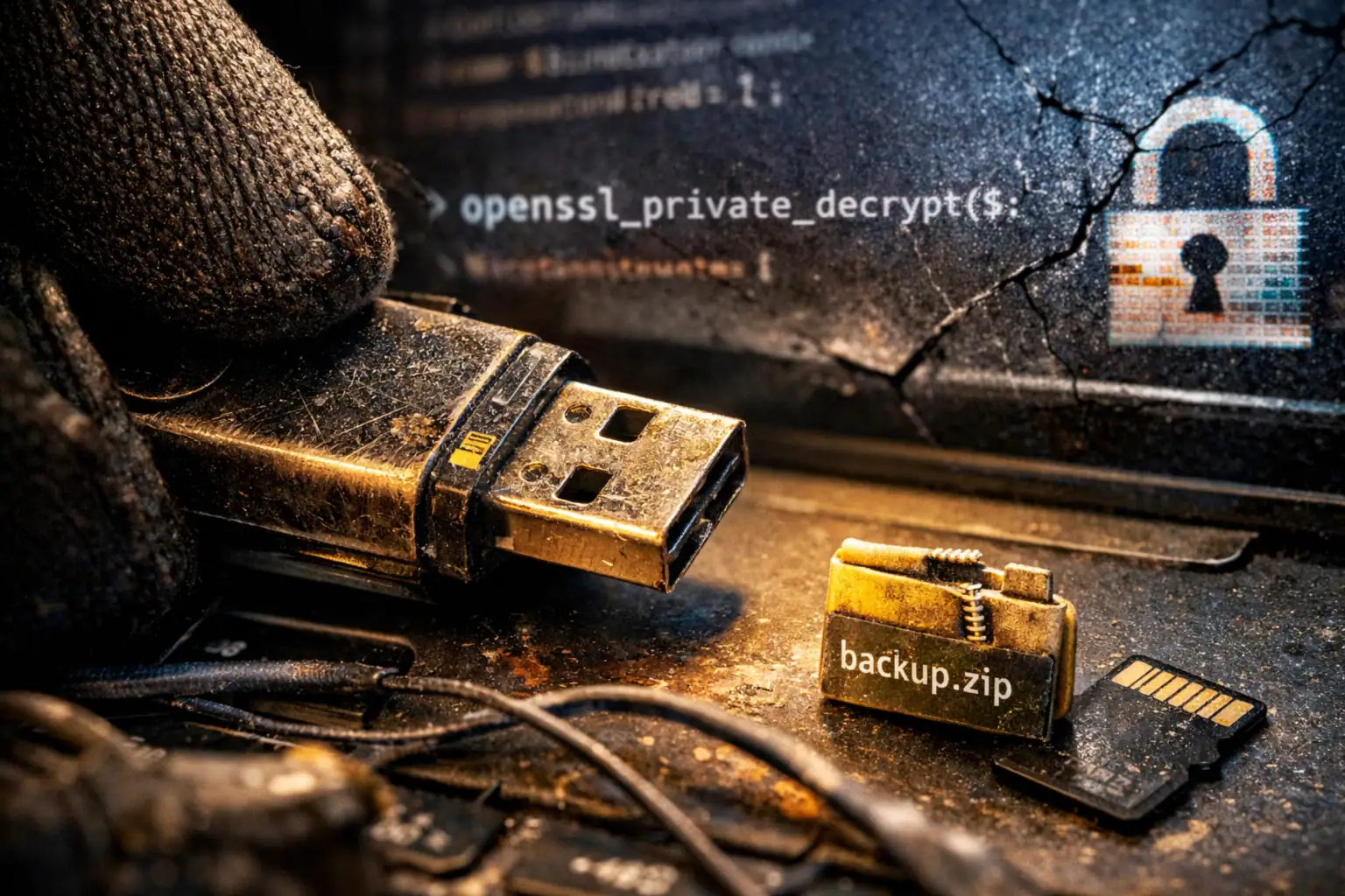 ** Pendrive y archivo comprimido sobre teclado con código de seguridad.