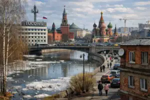 View of the Moskva River with St. Basil's Cathedral and the Kremlin in the background.