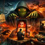 Escena oscura con un hacker manipulando a un hombre a través de un teléfono.