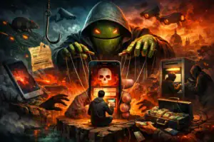 Futuristische Szene mit einem geheimnisvollen Hacker und digitalem Chaos.