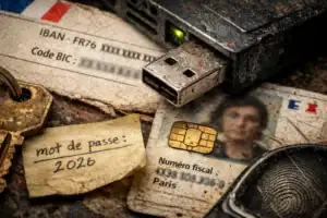 USB drive connected to ID card and documents on a weathered surface.