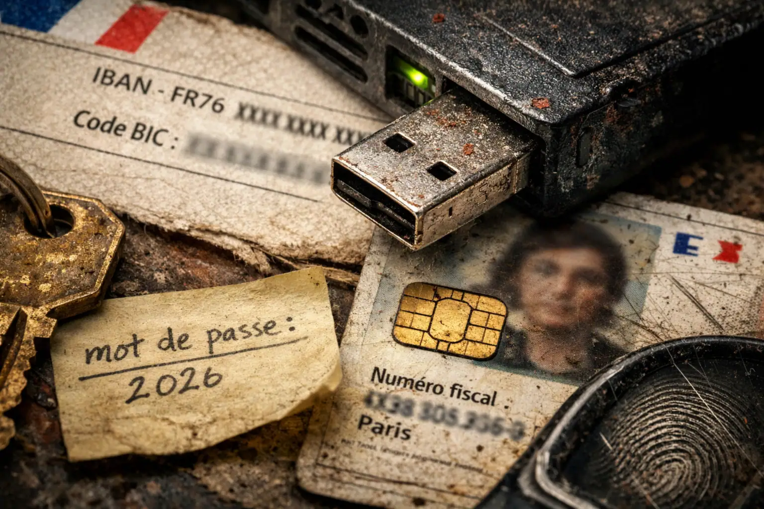 Tarjeta de identificación, USB y nota con contraseña sobre una superficie desgastada.