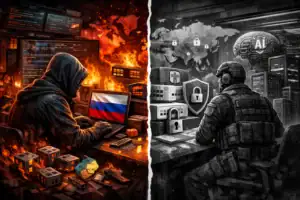 Hacker and soldier contrasting digital chaos and cybersecurity in a split scene.