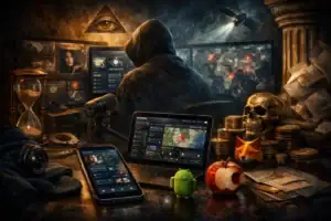 Hooded figure analyzing data on multiple screens in a dark, mysterious setting.