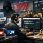 Programmierer in dunklem Raum, umgeben von Code und Kryptowährungen.